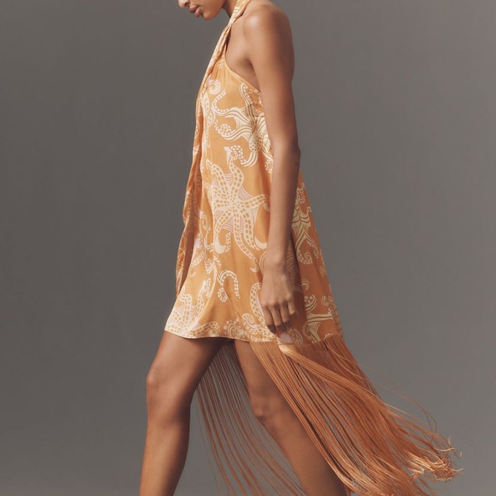 New FARM Rio x Anthropologie Halter Fringe Satin Mini Dress - Picture 2 of 3